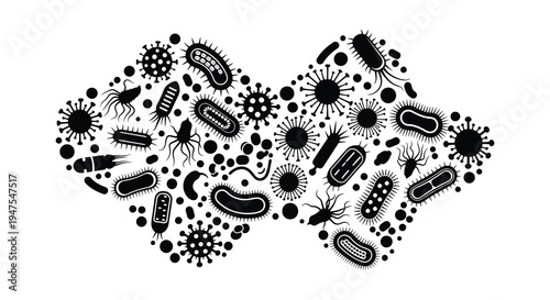 A detailed black illustration depicts various microbes forming a heart shape a striking silhouette high quality