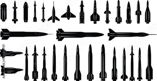 "Collection of black silhouettes featuring diverse missile, rocket, and aircraft designs in rows, showcasing aerospace engineering evolution, aerodynamic structures, military technology, and aviation