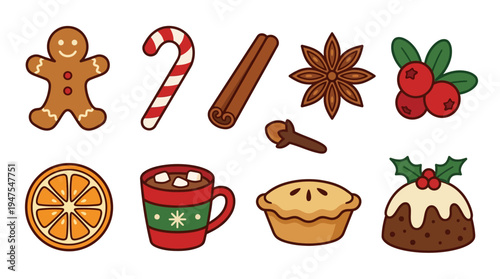 Christmas holiday food and spice icons collection