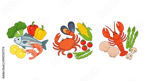 Flat cartoon illustration of fresh seafood and vegetable
