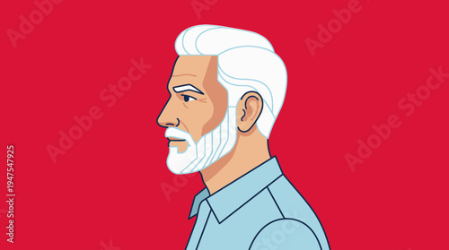 Profile Illustration of a Sophisticated Senior Man with White Hair and Beard over Vibrant Red Background - Minimalist Character Design