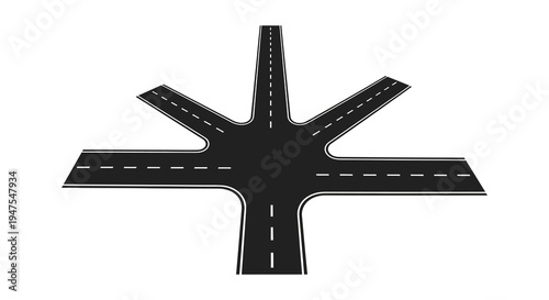 A black silhouette depicts a complex highway intersection with multiple branching roads and lanes high quality