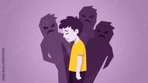 Sad Boy Surrounded by Angry Shadows Illustration Representing Bullying and Mental Health Struggles