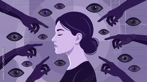 Conceptual Illustration of Social Pressure and Public Scrutiny with a Woman Surrounded by Pointing Hands and Watching Eyes