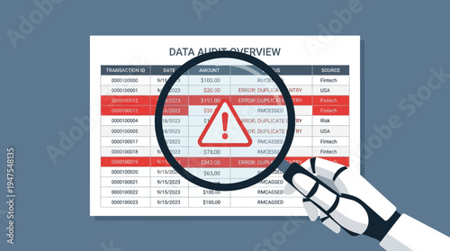 AI Robotic Hand Holding Magnifying Glass for Data Audit, Detecting Errors and Duplicate Entries in Financial Spreadsheet for Compliance and Risk Management