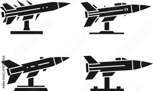 "Set of black silhouette fighter jets mounted on display stands, showcasing diverse aircraft designs, military aviation technology, aerospace engineering, and defense concept vector illustration"