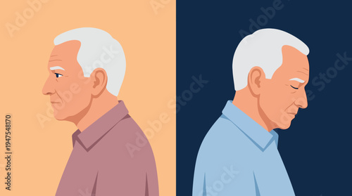 Elderly Man Mental Health Illustration Showing Contrast Between Normal State and Depression, Senior Loneliness and Dementia Awareness Concept