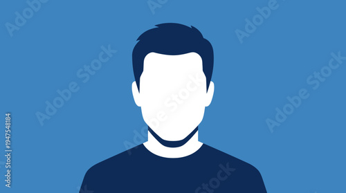 Male Avatar Profile Picture Silhouette Icon, Minimalist Flat Vector Illustration of Anonymous User Placeholder on Blue Background