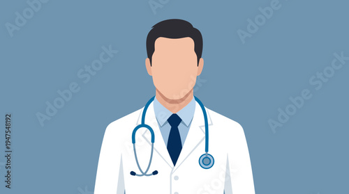 Flat Vector Illustration of a Faceless Male Doctor in White Lab Coat with Stethoscope on Blue Background for Healthcare and Medical Concepts
