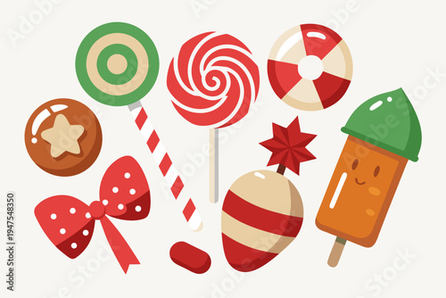 A colorful vector illustration of various candies and sweets, including lollipops, a popsicle, and cookies.