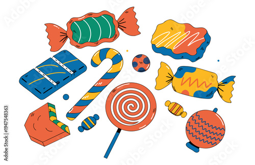 A colorful illustration of various candies and sweets in a playful and vibrant design