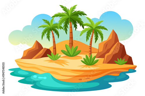 A vibrant cartoon illustration of a tropical island with palm trees and rocky shores in a flat minimal design style