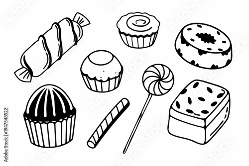 A black and white vector illustration of various sweet treats and desserts