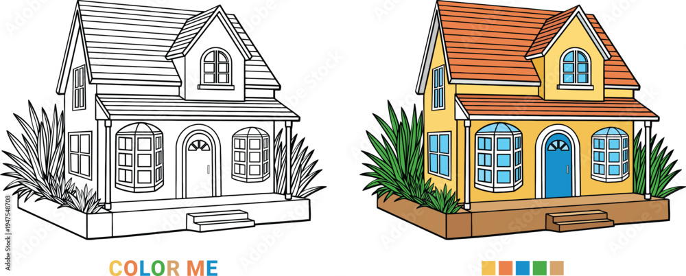 Fototapeta premium Kids coloring page featuring a beautiful suburban house, black and white outline alongside bright colorful example with palette, educational vector graphic.