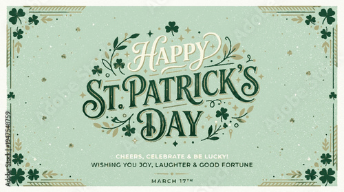 Happy st patrick's day modern greeting card with shamrocks and green decor on light background