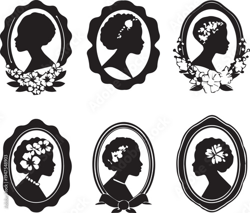 Vintage silhouette cameo set of woman profiles vector isolated on white background
