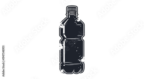 Black plastic bottle with dark liquid, isolated on white background, grunge texture
