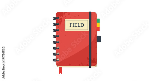 Red spiral notebook with 'FIELD' label and tabs