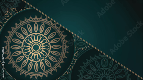 A decorative pattern design featuring intricate geometric shapes on a dark green background with gold accents and mandalas.