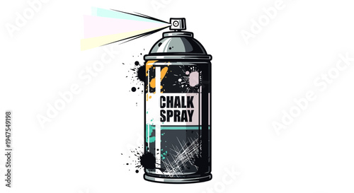 Spray can with chalk spray label, artistic splatters, white background