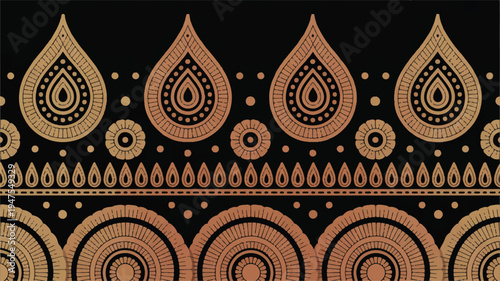 A decorative pattern design featuring intricate circular and teardrop shapes in gold on a black background