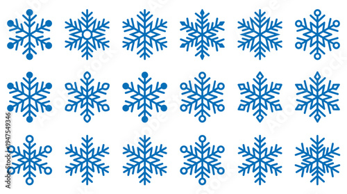 Blue snowflake vector set isolated on white background, winter ice crystal decorative elements collection for Christmas seasonal design