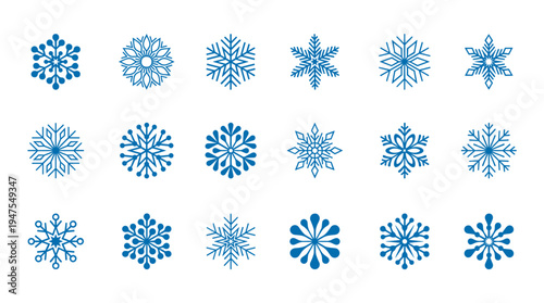 Decorative blue snowflake vector collection isolated on white background, elegant winter ice crystal shapes for holiday and Christmas design
