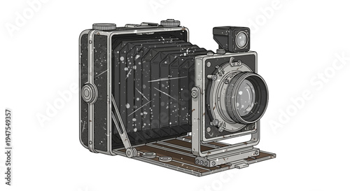 Vintage folding camera with flash, retro photography equipment