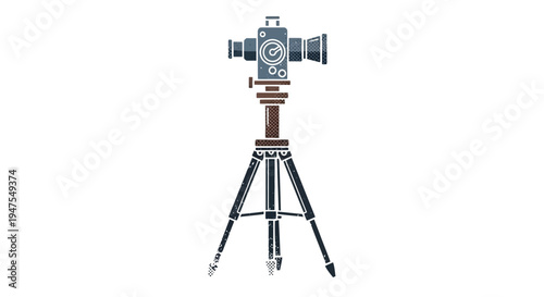 Vintage movie camera on tripod, retro filming equipment, isolated on white background