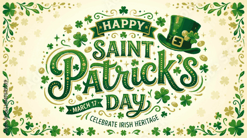 Happy saint patrick's day lettering sign with shamrocks and leprechaun hat on beige background