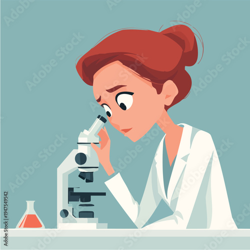 Female Scientist Examines Sample Under Microscope.