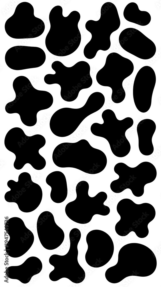 Fototapeta premium Black abstract shapes of varying sizes and organic forms arranged against a white background, creating a visually dynamic design