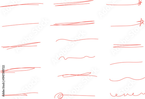 collection of hand-drawn red scribble lines, strokes, and doodles, typically used for highlighting or underlining text in digital or printed designs. 