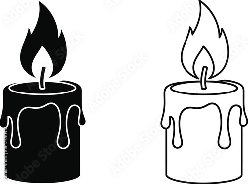 Black and white candles with melting wax and flames Vector