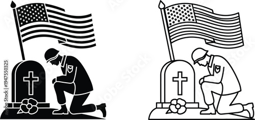 Memorial day patriotic clipart, veterans grave silhouette Vector