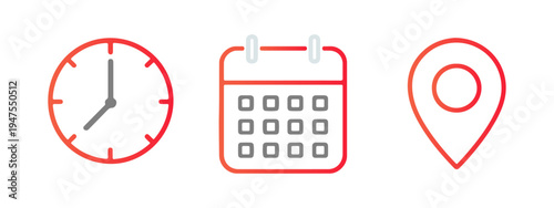 Clock, Calendar and Location Pin Line Icons Set – Time Schedule and Map Marker Vector Collection