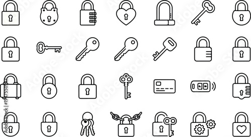 A vector graphic illustration of various padlock and key designs for security and privacy concepts.