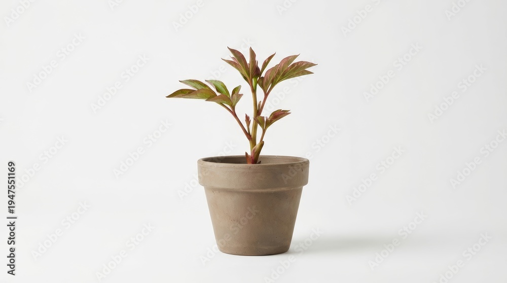 Fototapeta premium Young Peony Plant Sprout with New Growth in a Clay Pot Against a Clean White Background