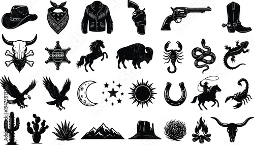Western themed vector graphic illustration of various cowboy and wild west symbols in black and white design