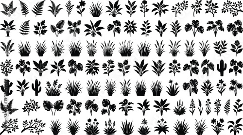Various black silhouettes of plants and flowers on white background