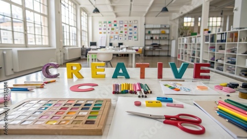 Wallpaper Mural Bright and Inspiring Creative Workspace with Colorful Letters, Art Supplies, and Organized Tables in Modern Office Environment Torontodigital.ca