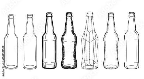 Collection of Empty Glass Bottles Isolated on White Background, Assortment of Beverage Containers