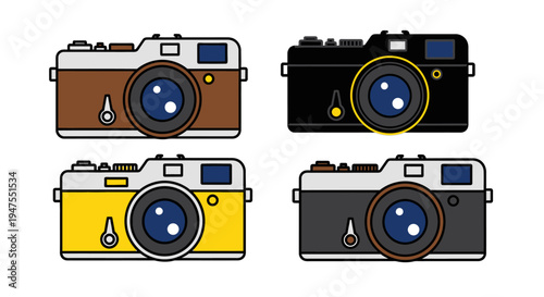 Collection of vintage cameras in different color variations, representing photographic history and technology
