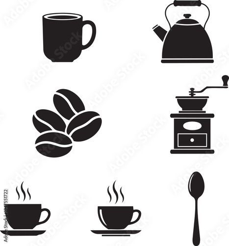 Black icons of coffee cups, kettle, coffee beans and grinder, coffee cups with steam, and spoon on white background, coffee symbols