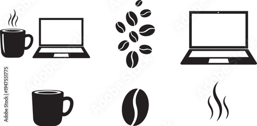Coffee and laptop icons with coffee beans steaming cup