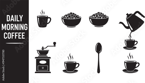Daily morning coffee icons with coffee beans and cups