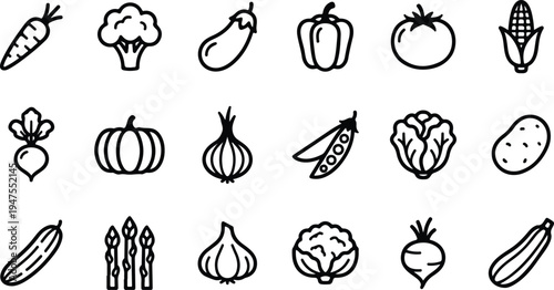A set of black and white vector graphic illustrations of various vegetables including carrots, broccoli, and peppers.