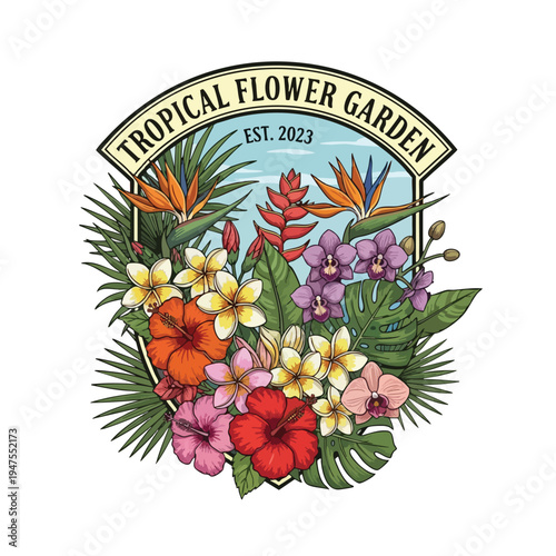 Vibrant tropical floral emblem with diverse exotic blooms and lush foliage