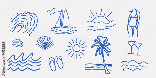 Summer tropical vacation set in doodle stile. Element pack for summer season web design. Vector illustration 