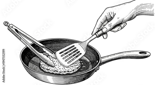 Hand using tongs and spatula to flip a burger patty cooking in a frying pan